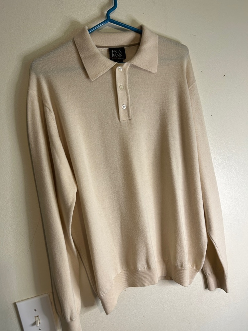 Jos. A. Bank Signature Long Sleeve Merino Wool Polo Sweater in Cream